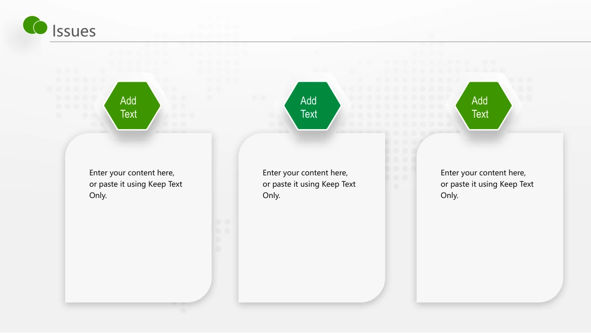 Green Touch Annual Review Presentation Template: Three tall raised white panels stand side by side. Green and lime hexagonal heading tags overlap their upper edges above three paragraph areas.