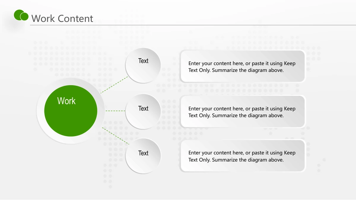 Green Touch Annual Review Presentation Template: A large green work circle branches toward three smaller pale circles. Three rounded outline panels on the right hold the corresponding explanations.
