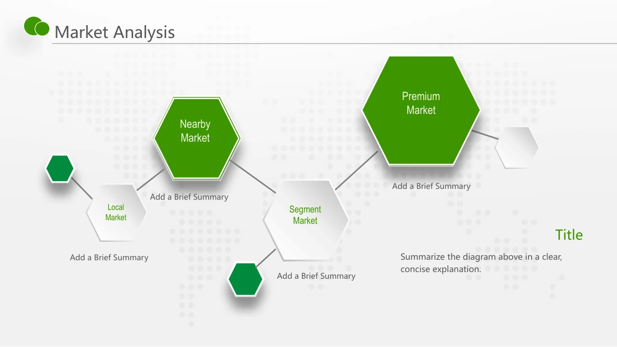 Green Touch Annual Review Presentation Template: Four main labelled hexagons describe market positions. Smaller hexagonal connectors and thin linking lines sit among the labels and accompanying notes.