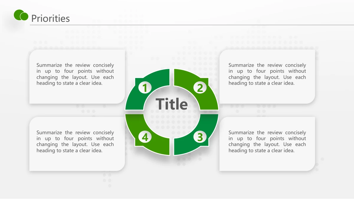Green Touch Annual Review Presentation Template: Four green numbered ring segments surround a central heading. Four raised white note cards sit around the ring and connect to its sections.