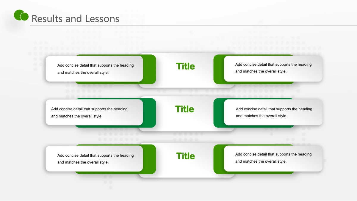Green Touch Annual Review Presentation Template: Six raised white note cards form two columns of three. Three green labels run down the middle, with layered green shapes behind the cards.