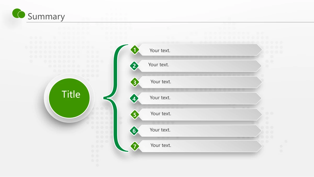 Green Touch Annual Review Presentation Template: A large curly bracket links a green circle on the left to seven horizontal grey chevrons. Green numbered diamonds mark the seven note rows.