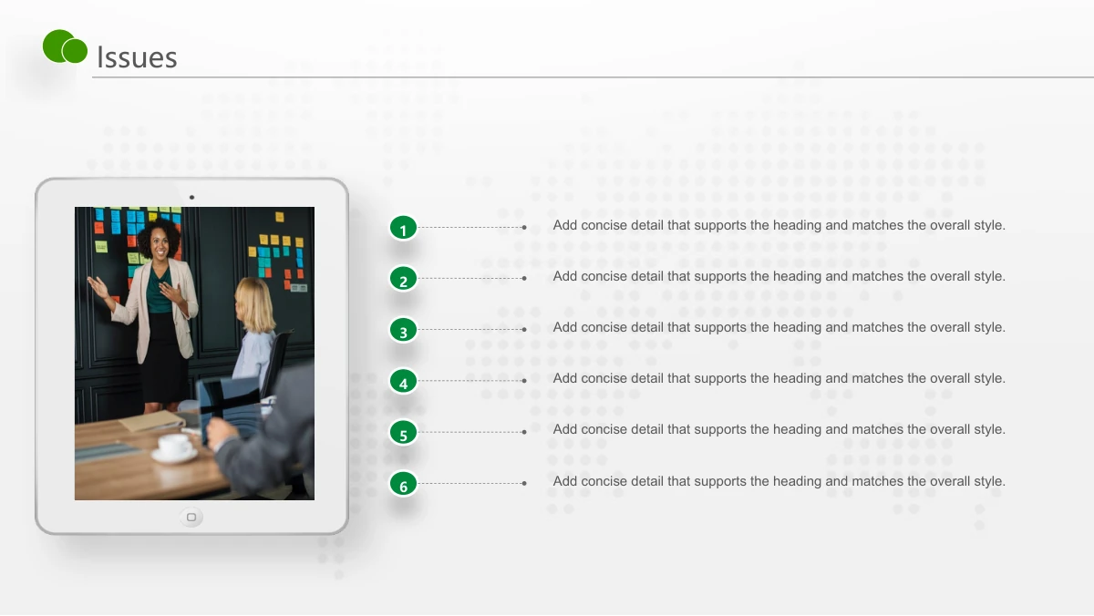 Green Touch Annual Review Presentation Template: A white tablet frame displays a workshop photograph of a presenter and colleagues. Six small green numbered note rows form a vertical list on the right.