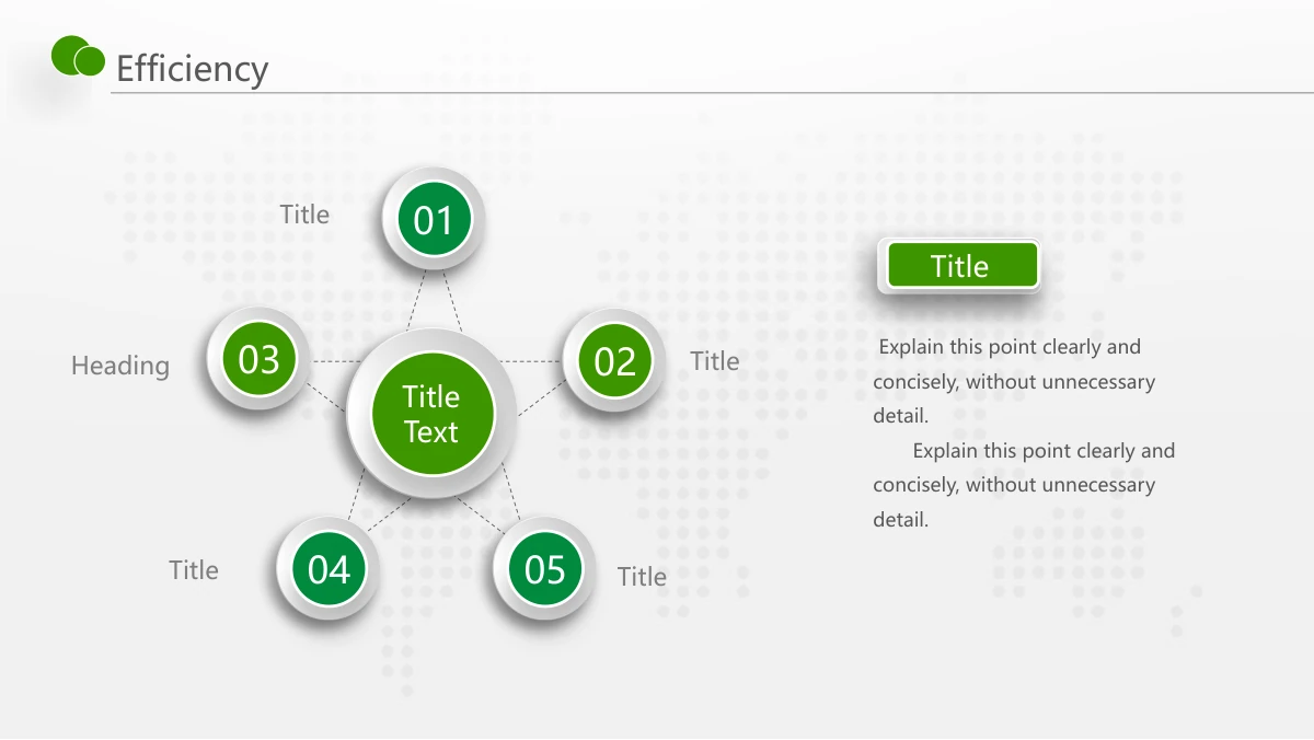 Green Touch Annual Review Presentation Template: Five small numbered circles connect by dotted branches to a large pale-and-green circular hub. A heading and two explanatory paragraphs sit on the right.