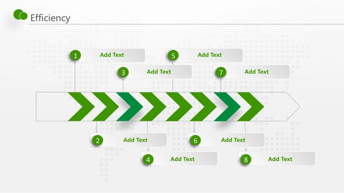 Green Touch Annual Review Presentation Template: Eight green and emerald chevrons form a horizontal track. Numbered note tags alternate above and below the track to describe the stages.