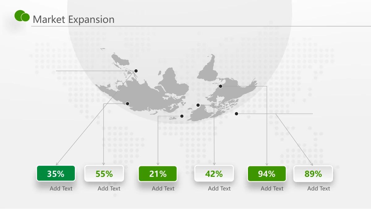 Green Touch Annual Review Presentation Template: Six connectors extend from points on a pale grey map to surrounding note areas. Small percentage labels accompany the callouts.