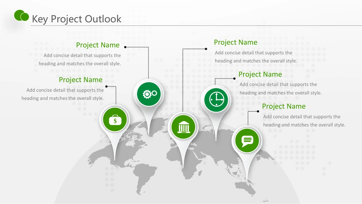 Green Touch Annual Review Presentation Template: Five raised green location pins rise above a partial globe. Money, gear, building, clock and speech icons identify the planning topics, with notes around them.