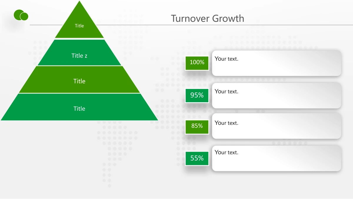 Green Touch Annual Review Presentation Template: A four-level green pyramid stands on the left. Four raised white note rows on the right have small percentage tabs and corresponding explanations.