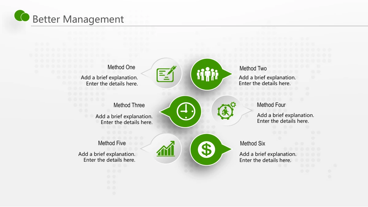 Green Touch Annual Review Presentation Template: Six round pointer-shaped icon labels form two columns of three. Writing, people, clock and other planning symbols introduce six short text areas.