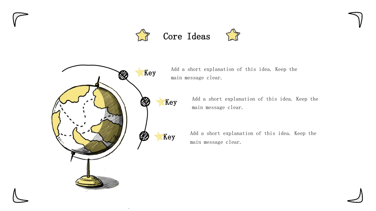 Templat presentasi Kembali ke sekolah bergaya sketsa, slide 13: Tiga penanda mengikuti busur orbit mengitari bola dunia dan terhubung ke catatan kata kunci di kanan.