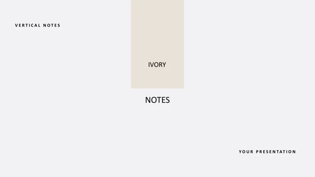 Um bloco vertical de marfim traz IVORY acima de NOTES sobre fundo cinza-claro, com pequenos rótulos em inglês nos cantos opostos.