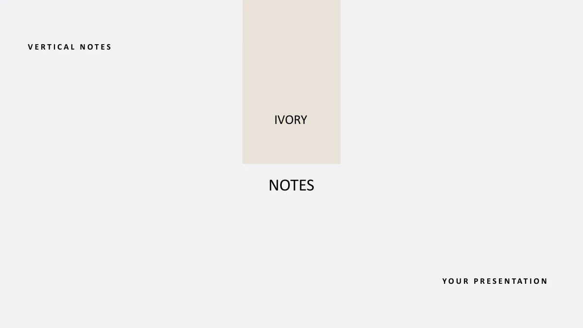 Um bloco vertical de marfim traz IVORY acima de NOTES sobre fundo cinza-claro, com pequenos rótulos em inglês nos cantos opostos.