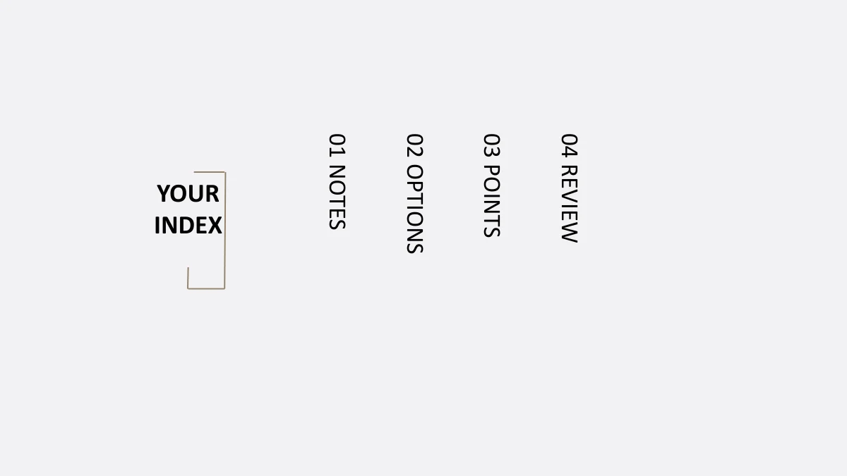 Quatro itens verticais numerados, Notes, Options, Points e Review, ficam junto a YOUR INDEX e um colchete fino.