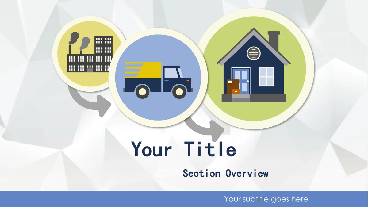 Modelo de apresentação Operações logísticas — slide 2: As mesmas ilustrações de fábrica, caminhão e casa aparecem sobre Your Title e Section Overview, com subtítulo em inglês no rodapé azul.