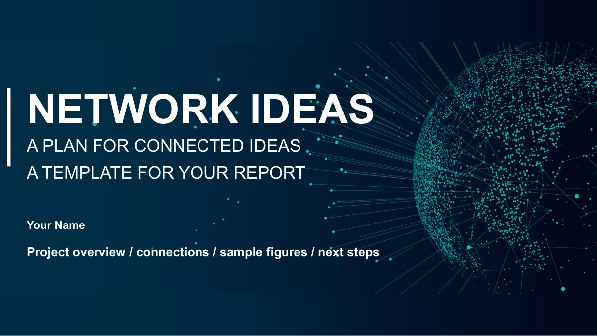Modelo de apresentação Tecnologia de redes à meia-noite — Network Ideas e Your Name aparecem ao lado de um globo pontilhado em menta, com duas orientações sobre fundo azul-noite.