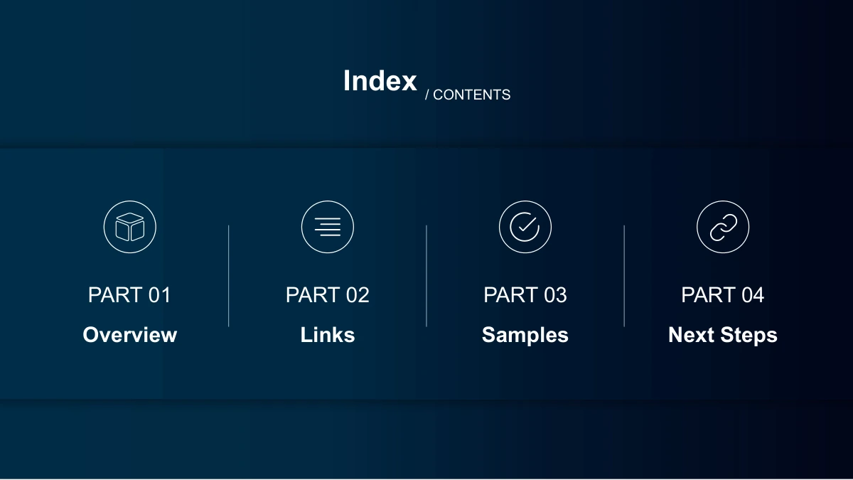 Modelo de apresentação Tecnologia de redes à meia-noite — Quatro ícones lineares apresentam Overview, Links, Samples e Next Steps, com PART 01 a PART 04.