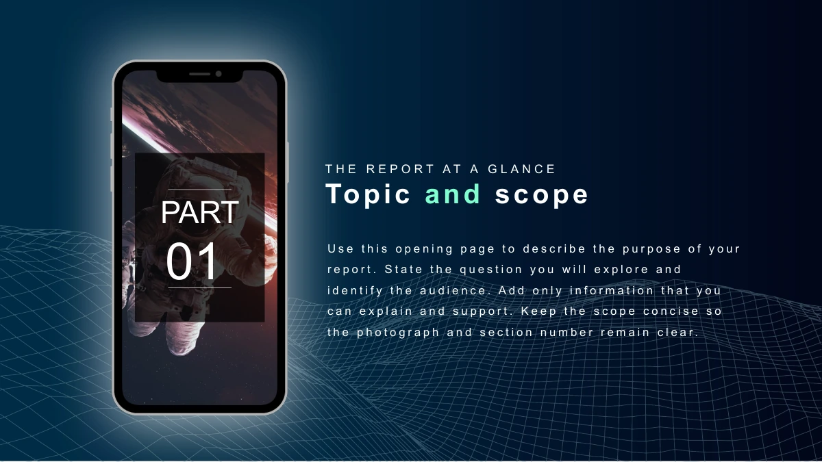 Modelo de apresentação Tecnologia de redes à meia-noite — Um astronauta em uma moldura de celular acompanha Topic and scope, PART 01 e texto sobre ondas em malha.
