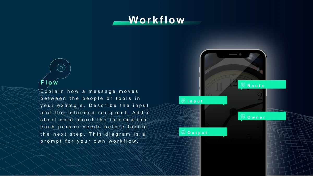Modelo de apresentação Tecnologia de redes à meia-noite — Uma chave grande e Flow acompanham um celular com Input, Route, Owner e Output.