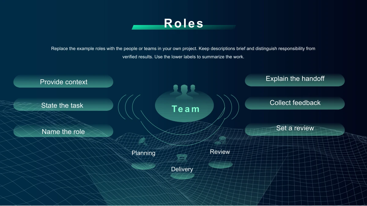 Modelo de apresentação Tecnologia de redes à meia-noite — Team e três silhuetas ficam entre seis faixas arredondadas, com Planning, Delivery e Review abaixo.