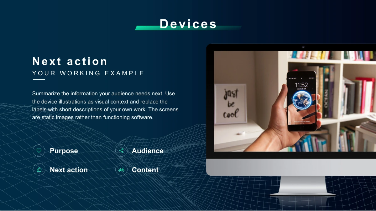 Modelo de apresentação Tecnologia de redes à meia-noite — Uma moldura de computador mostra uma mão com um celular, ao lado de Next action, texto e quatro pequenos rótulos com ícones.