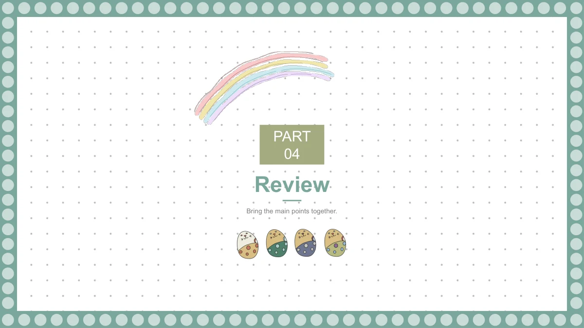 Pelangi dan penanda Part 04 membawa kepada tajuk Review, dengan empat watak kecil di bawah teks.