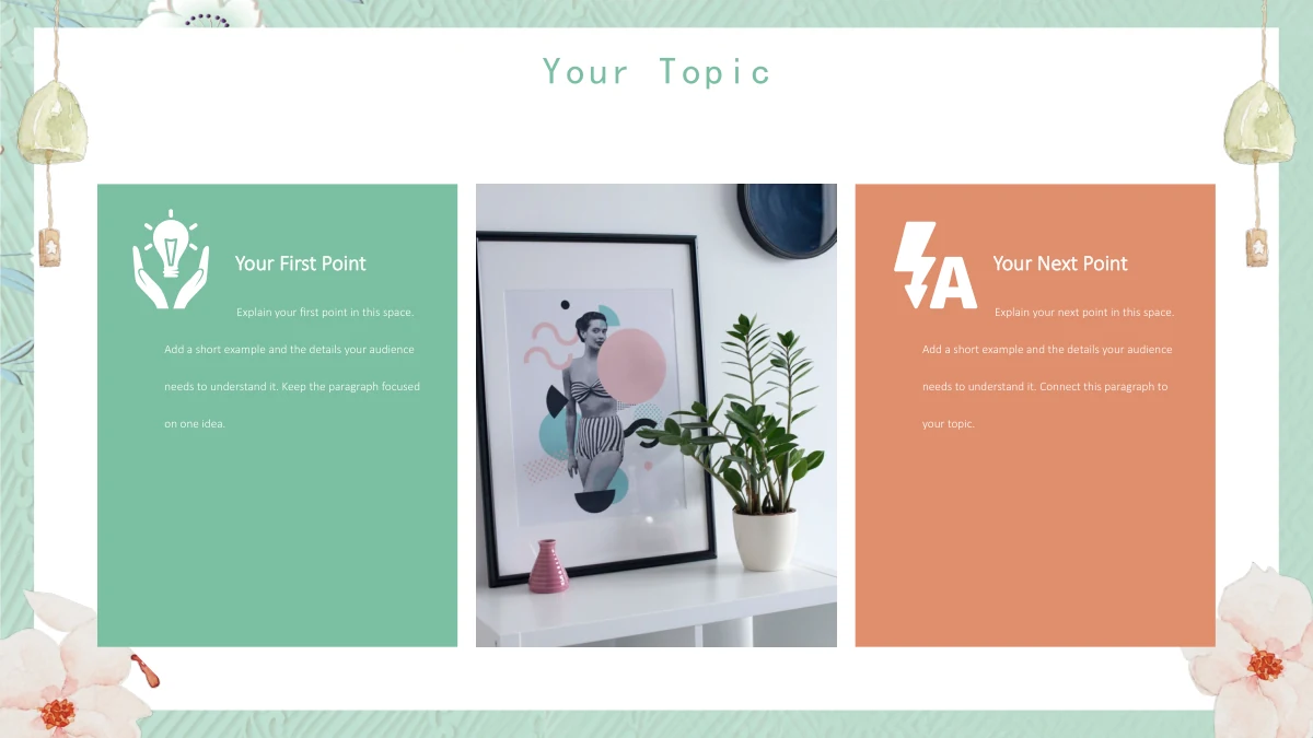 قالب عرض فصل دراسي جديد بأزهار ولون نعناعي، الشريحة 4: تقع صورة لوحة شخصية مؤطرة ونبتة في أصيص بين منطقتي نص نعناعية ومرجانية، مع أيقونات بيضاء وملاحظات في الجانبين.