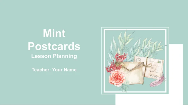 White Mint Postcards title beside framed watercolor roses, leaves, an envelope and a feather on mint green.