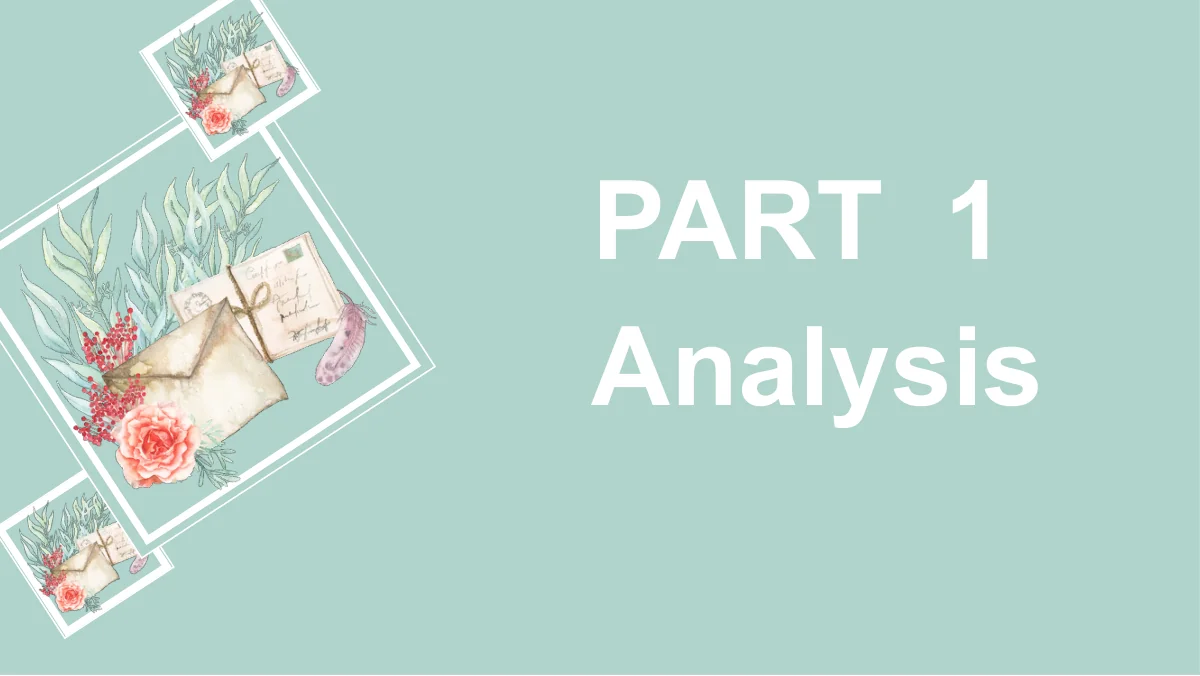 Large Part 1 and Analysis headings sit beside overlapping white frames of floral postcard artwork.