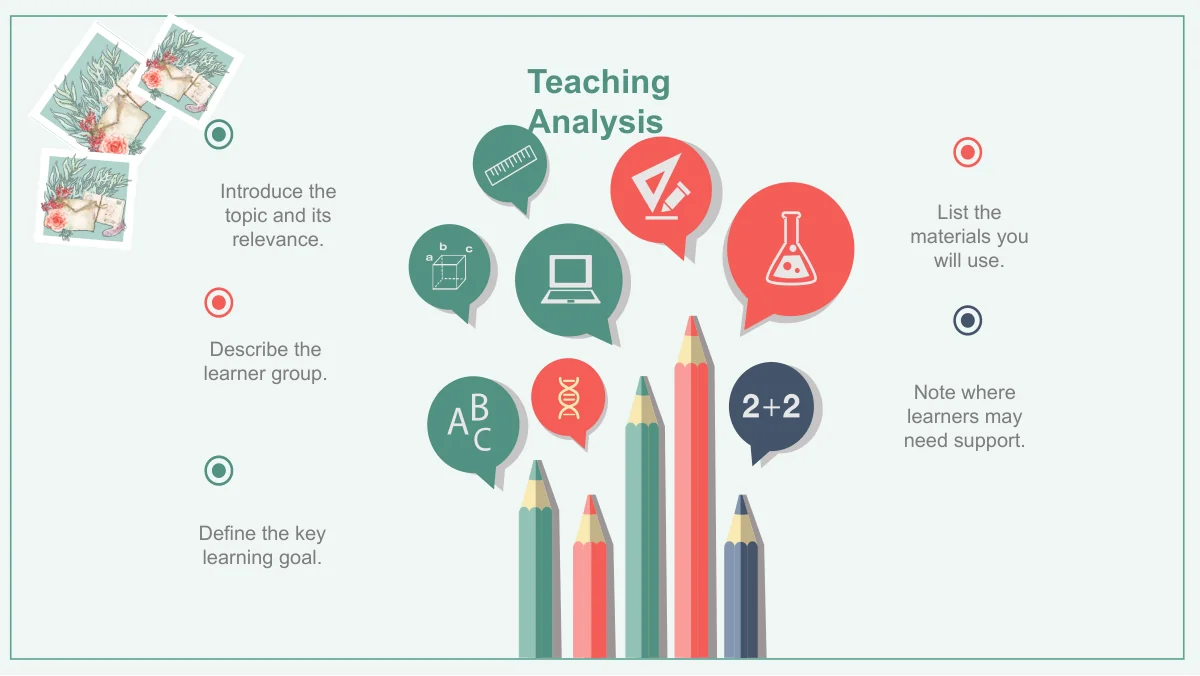 Colored pencils rise beneath education icon bubbles, with five short text areas around them.