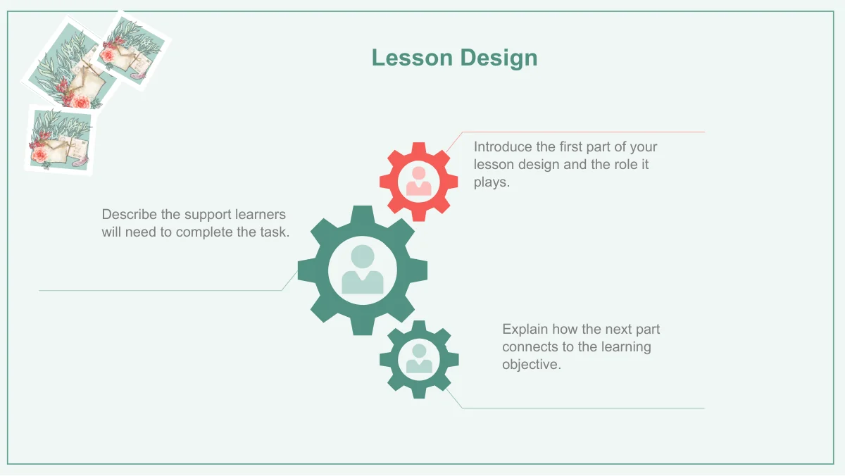 Three differently sized teal and coral gears contain person icons and connect to surrounding notes.