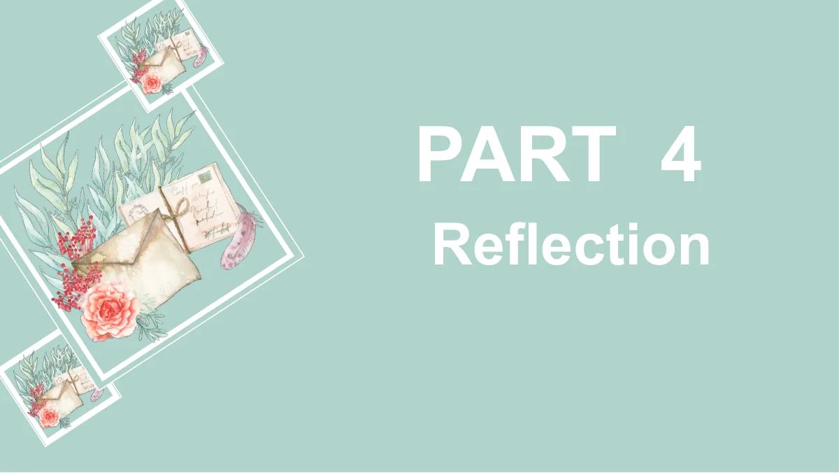 Part 4 and Reflection sit beside overlapping floral postcard frames on a soft mint background.