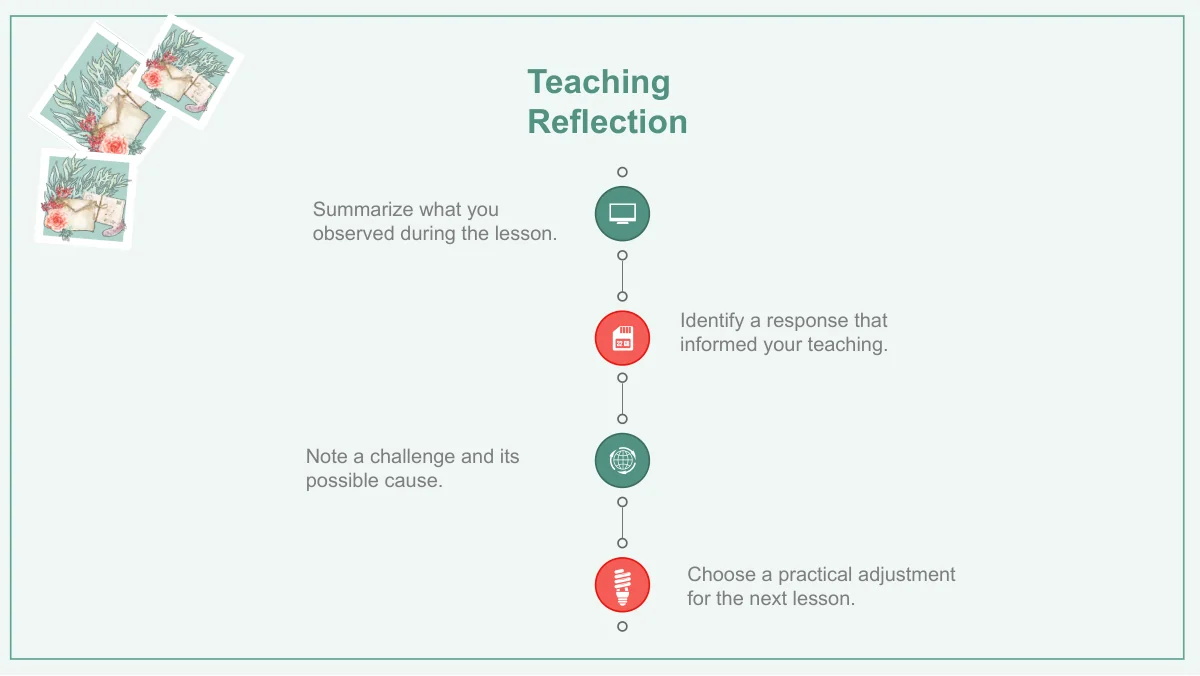 Four alternating teal and coral icon circles run down a vertical dotted line with notes on both sides.