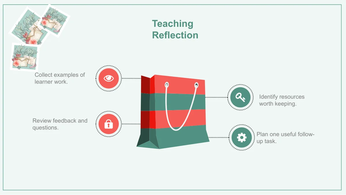 A teal and coral shopping-bag illustration connects to four small icon circles and surrounding notes.