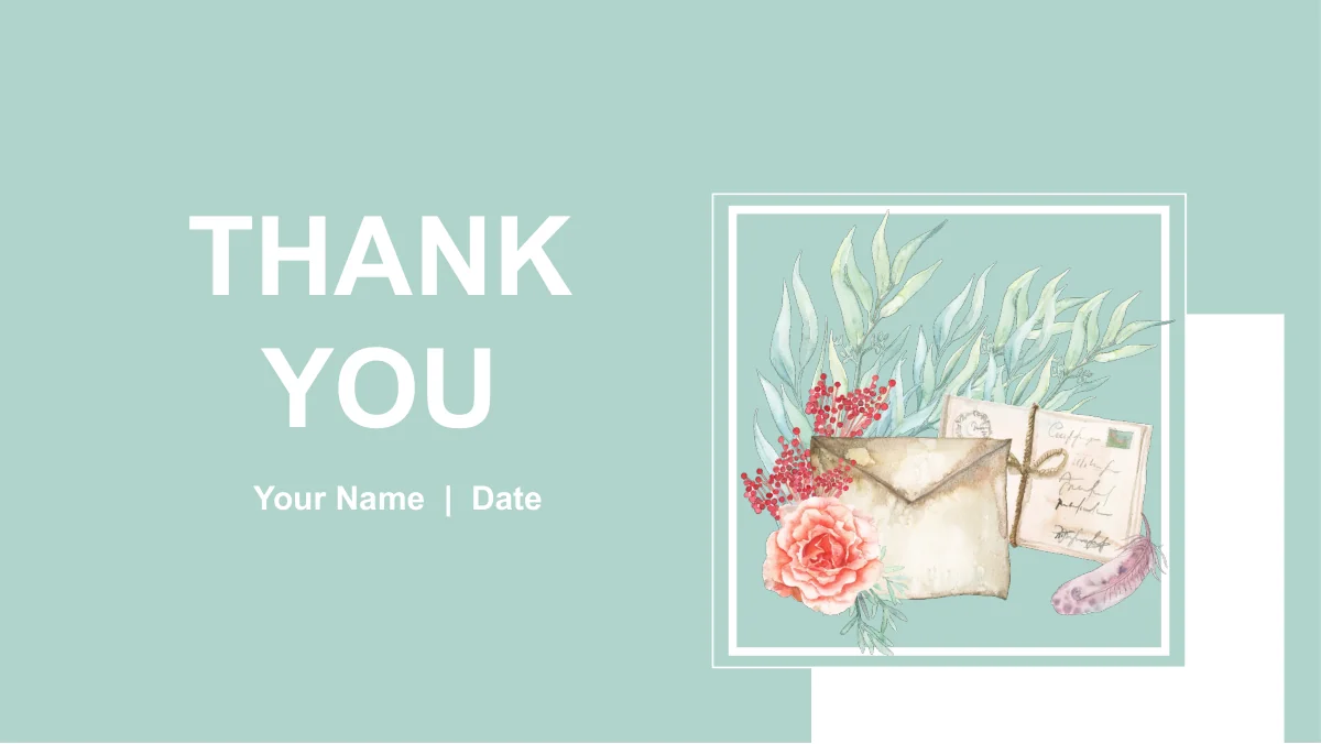 Large white Thank You text faces framed roses, leaves, a kraft envelope and a feather on mint green.