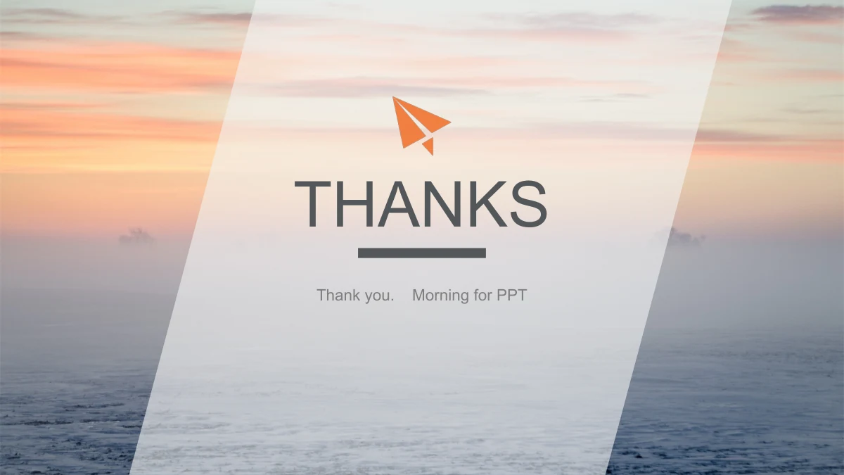 겨울 안개 풍경 위의 반투명 사선 패널에 주황색 종이비행기와 마무리 문구를 놓고 Morning for PPT 표기를 유지했습니다.