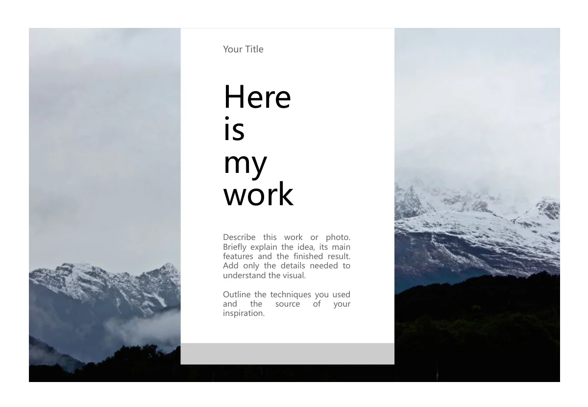 Misty Mountain Portfolio Presentation Template — slide 2: Centered hanging description panel