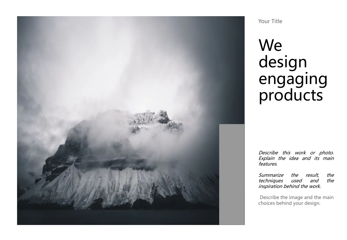 Misty Mountain Portfolio Presentation Template — slide 5: Tall mountain photo and project notes