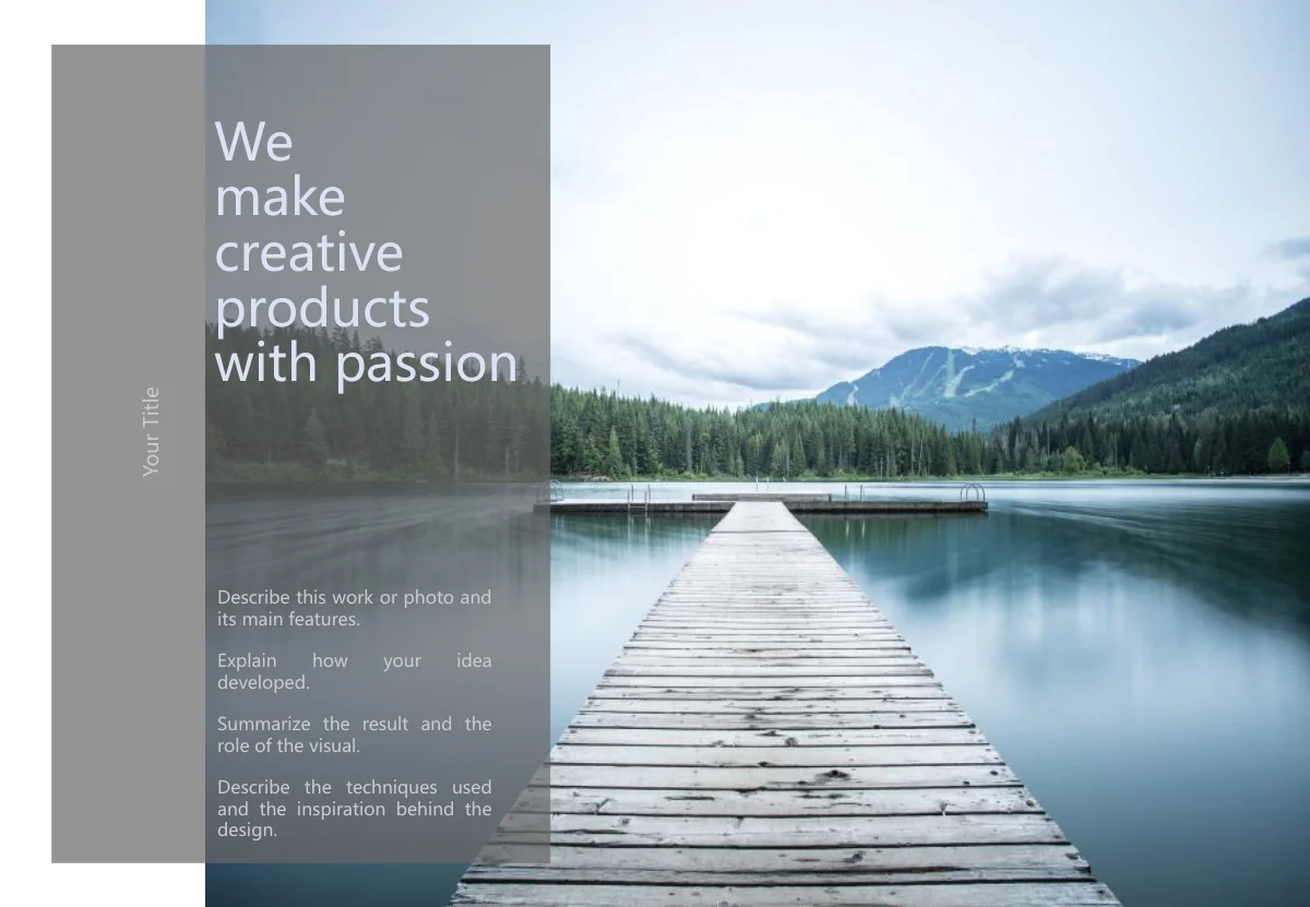 Misty Mountain Portfolio Presentation Template — slide 6: Lake dock with translucent overlay