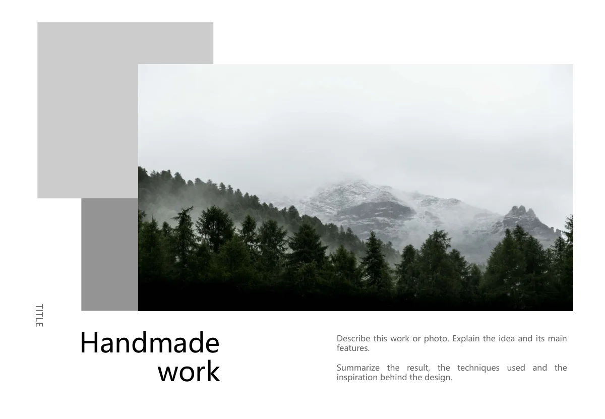 Misty Mountain Portfolio Presentation Template — slide 9: Overlapping gray panels and forest image