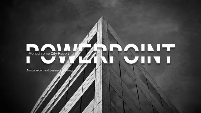 A dark photograph looks up the corner of a building, behind a large split white PowerPoint title and a narrow subtitle.