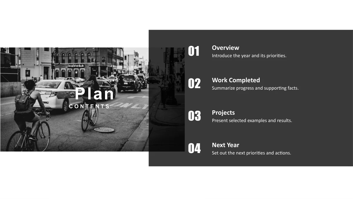 A street photograph of cyclists and a taxi overlaps a charcoal contents panel with four numbered entries.