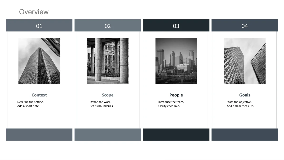 Four narrow cards combine city photographs with small text areas and grey bands across their tops and bottoms.