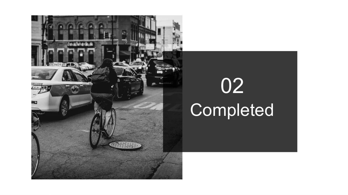 A cyclist and taxi appear in a black-and-white street photograph beside an overlapping charcoal chapter panel.