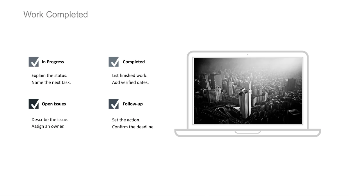 Four grey checkmarks sit next to a laptop outline containing a black-and-white aerial city photograph.