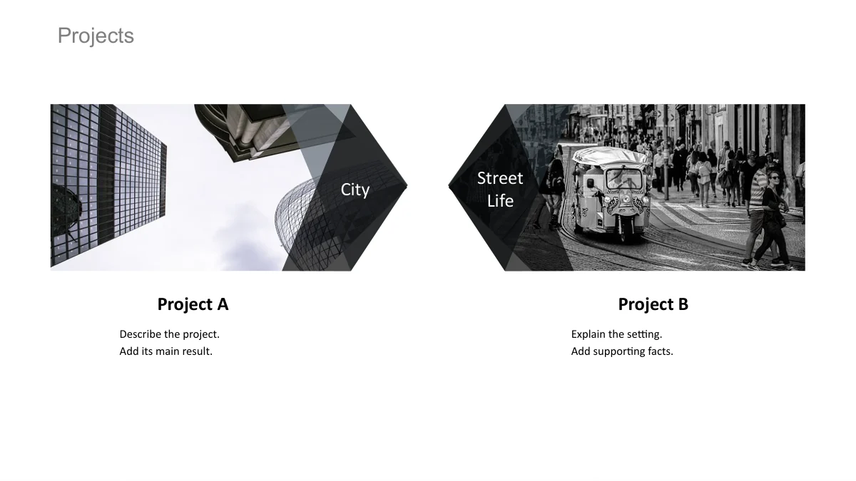 Two pointed photo panels show tall buildings and a busy street with a tuk-tuk; dark overlays emphasise their inner ends.