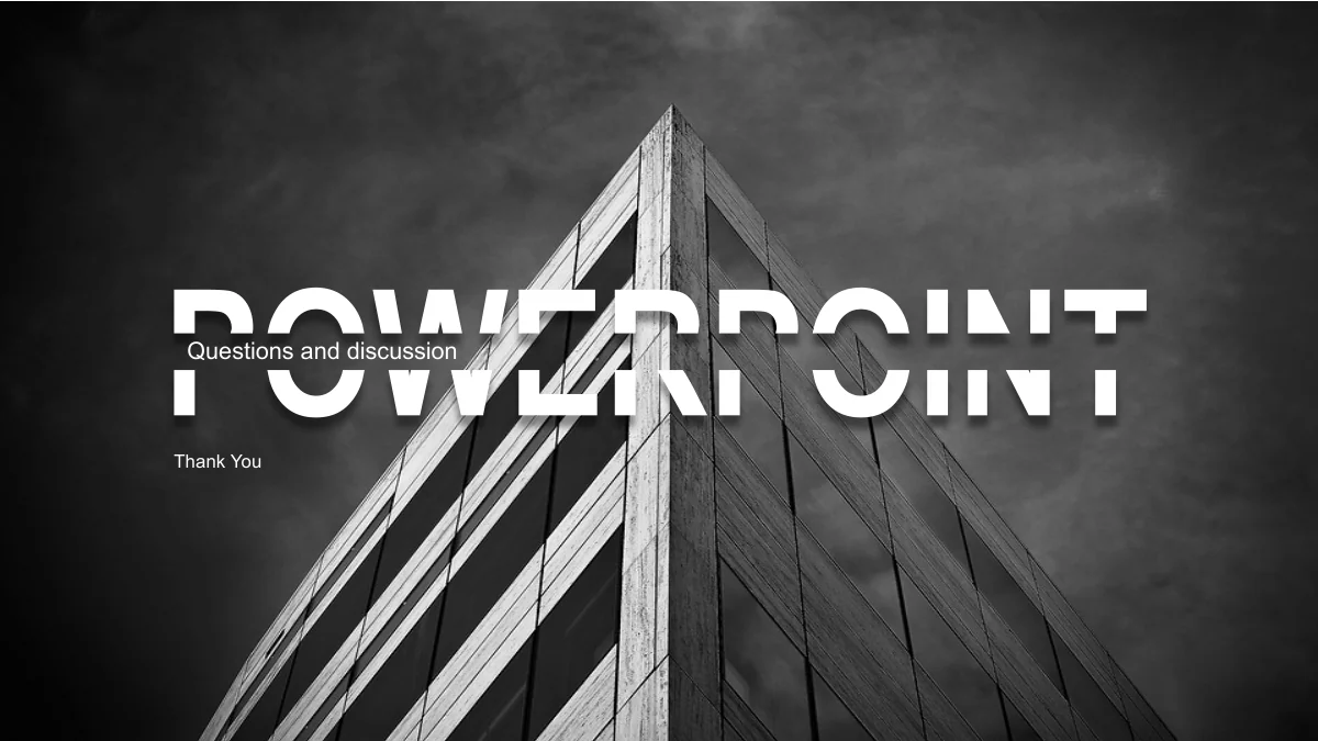 The angled building photograph returns with split white PowerPoint lettering and space for a closing message.