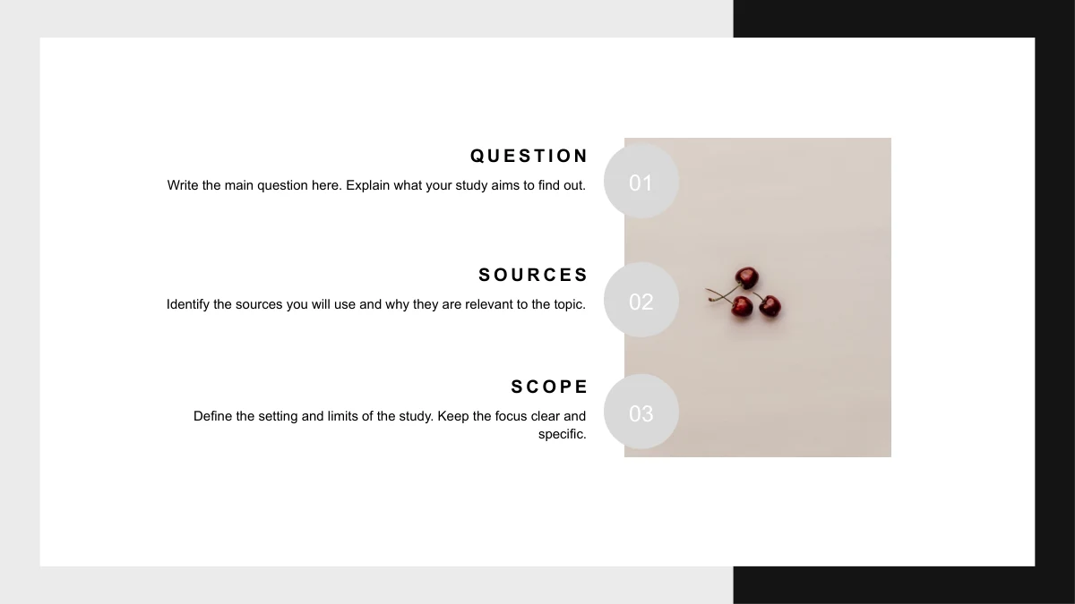 Three numbered research notes beside a pale photograph of three cherries.