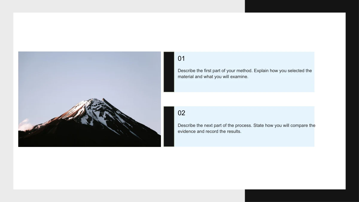 Mountain photograph on the left with two numbered pale-blue note panels on the right.