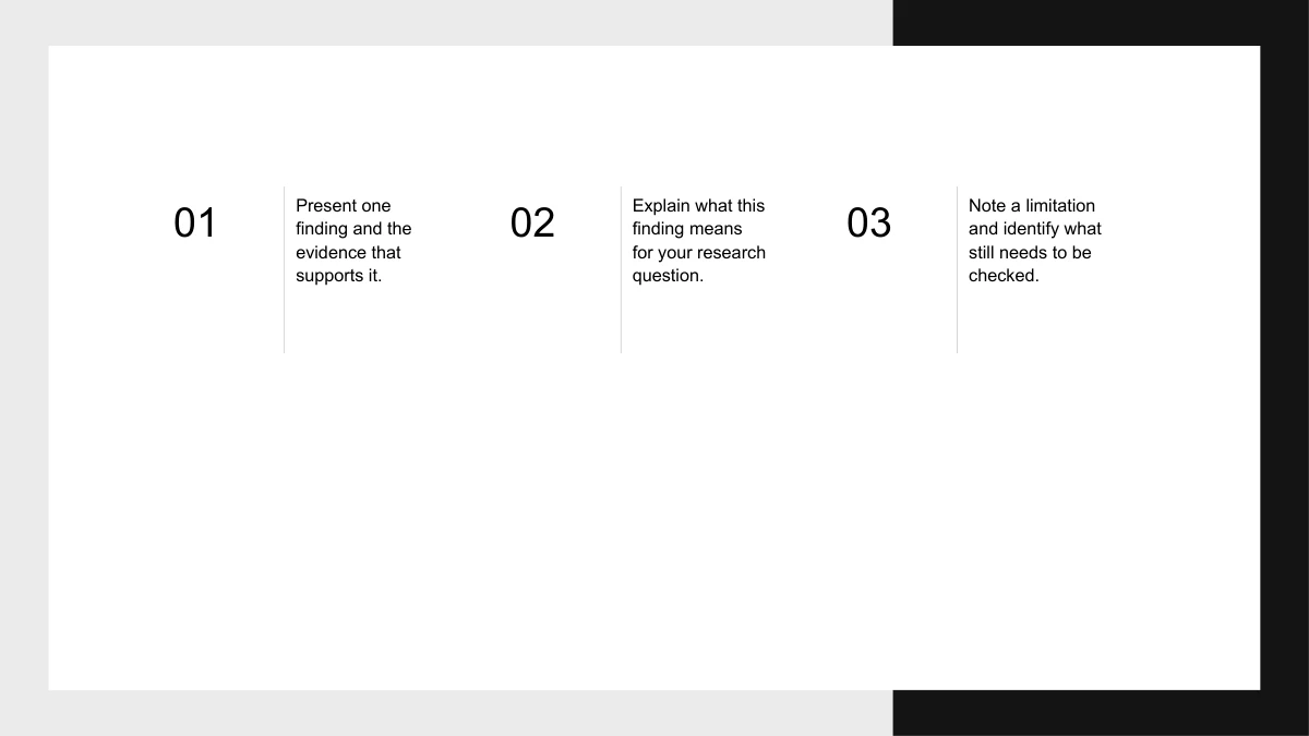 Three numbered columns with thin dividers and short English research prompts.