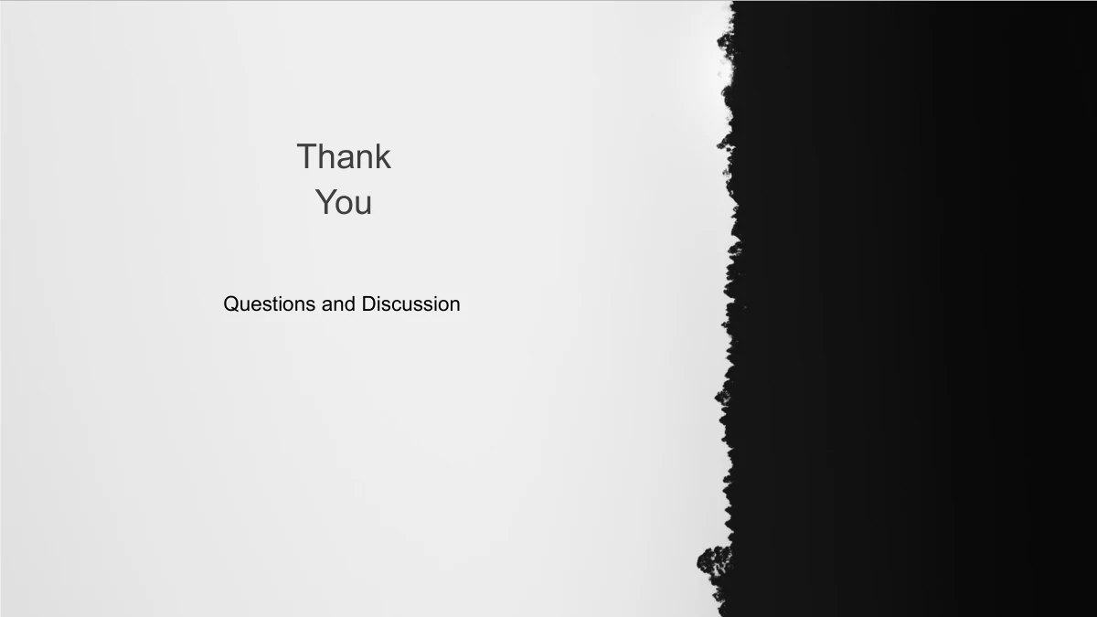 Thank You and Questions and Discussion text beside the dark vertical tree-line edge.